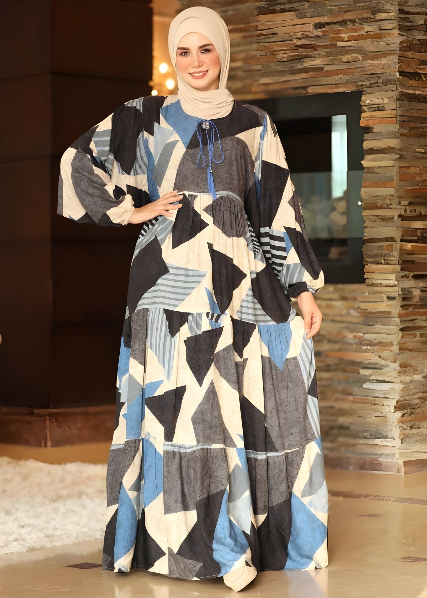 Geometric Patterned Maxi Dress with Drawstring