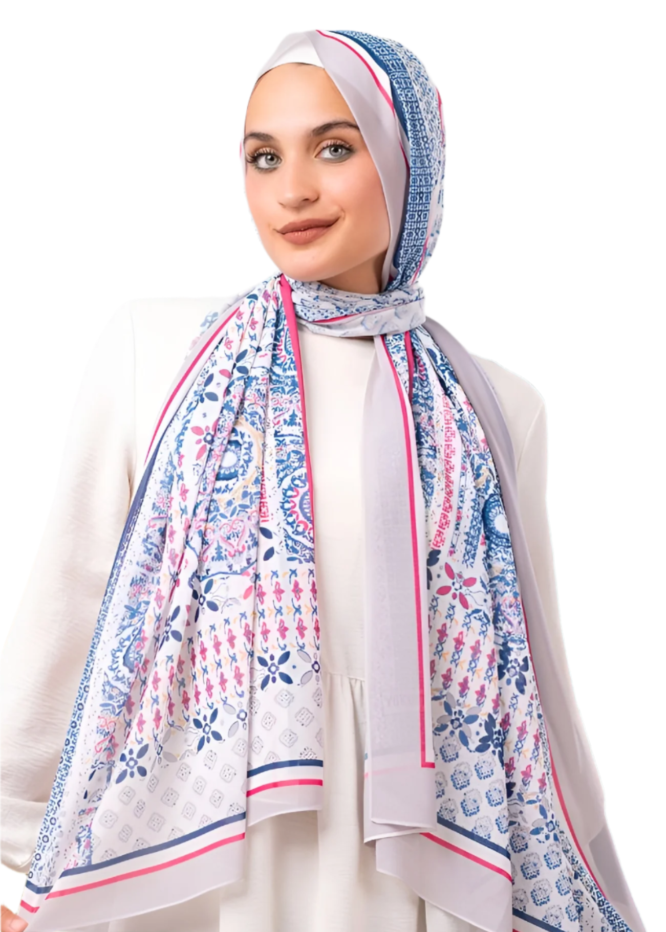 Geometric and Floral Print Crepe Chiffon Scarf