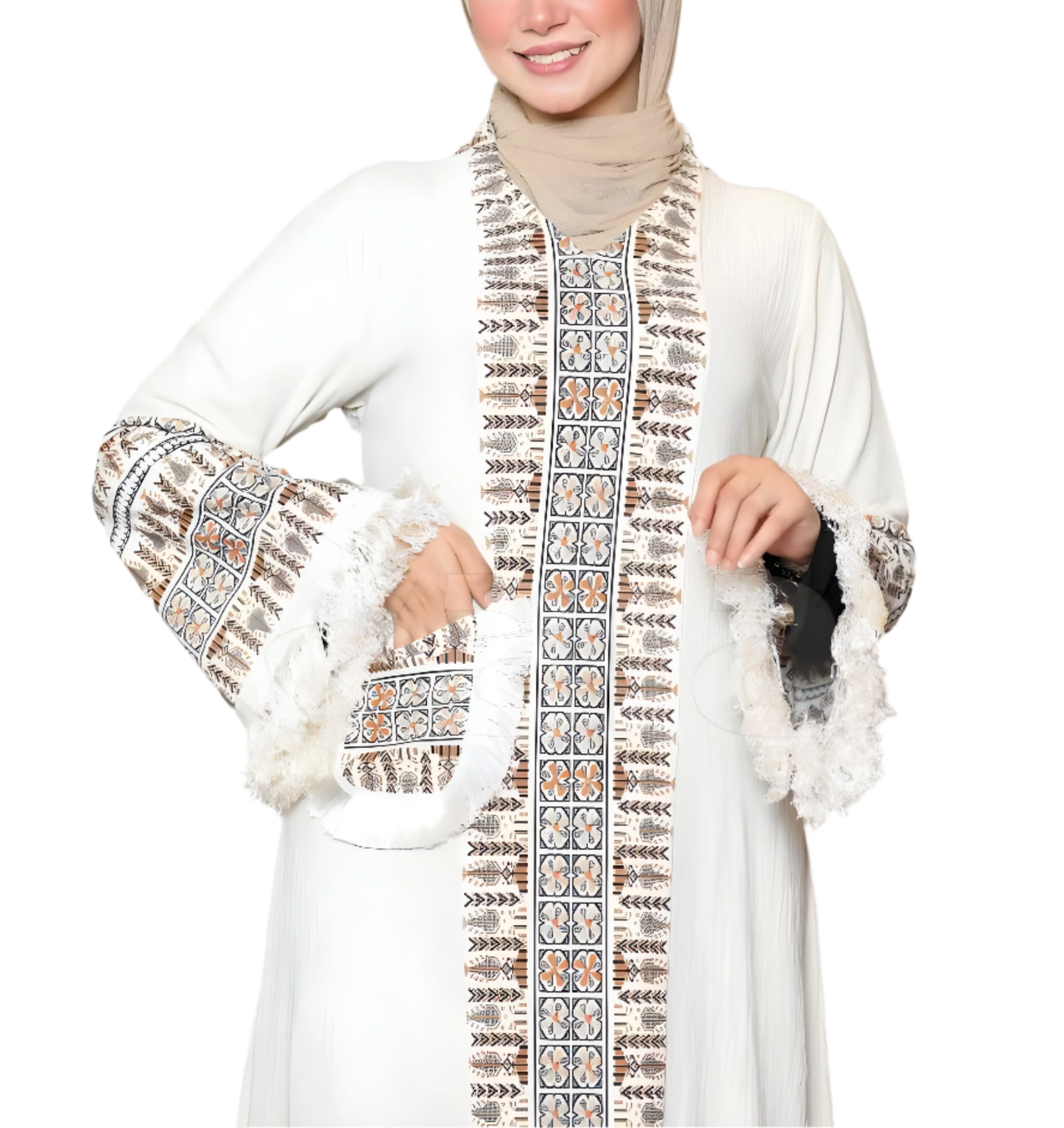 Burgundy Abaya with Embroidered Trim & Fringe Sleeves