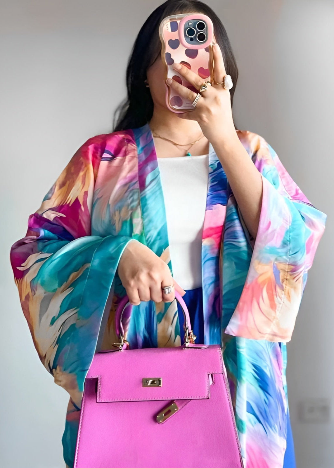 Bold Elegance Three-Piece Set – Vibrant Kimono, Trousers & Cotton Top