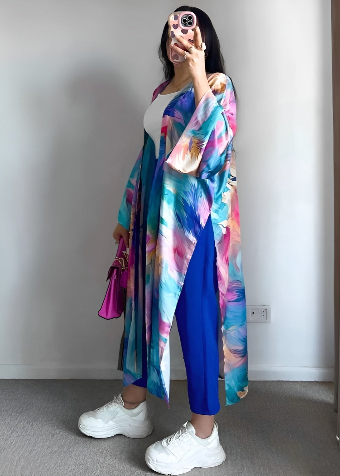 Bold Elegance Three-Piece Set – Vibrant Kimono, Trousers & Cotton Top