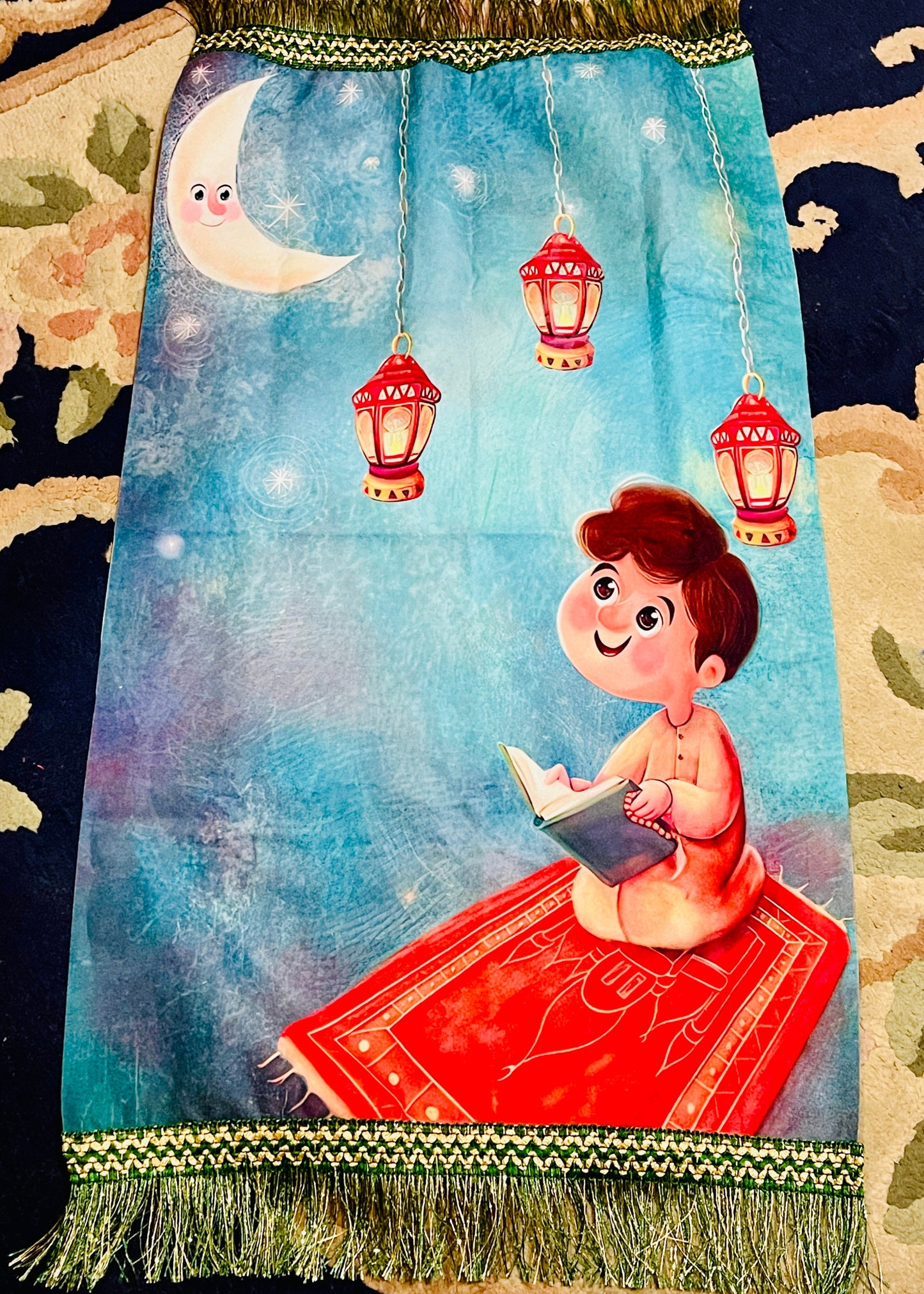 Velvet Children’s Prayer Mat – Colourful Islamic Design, 90×45 cm