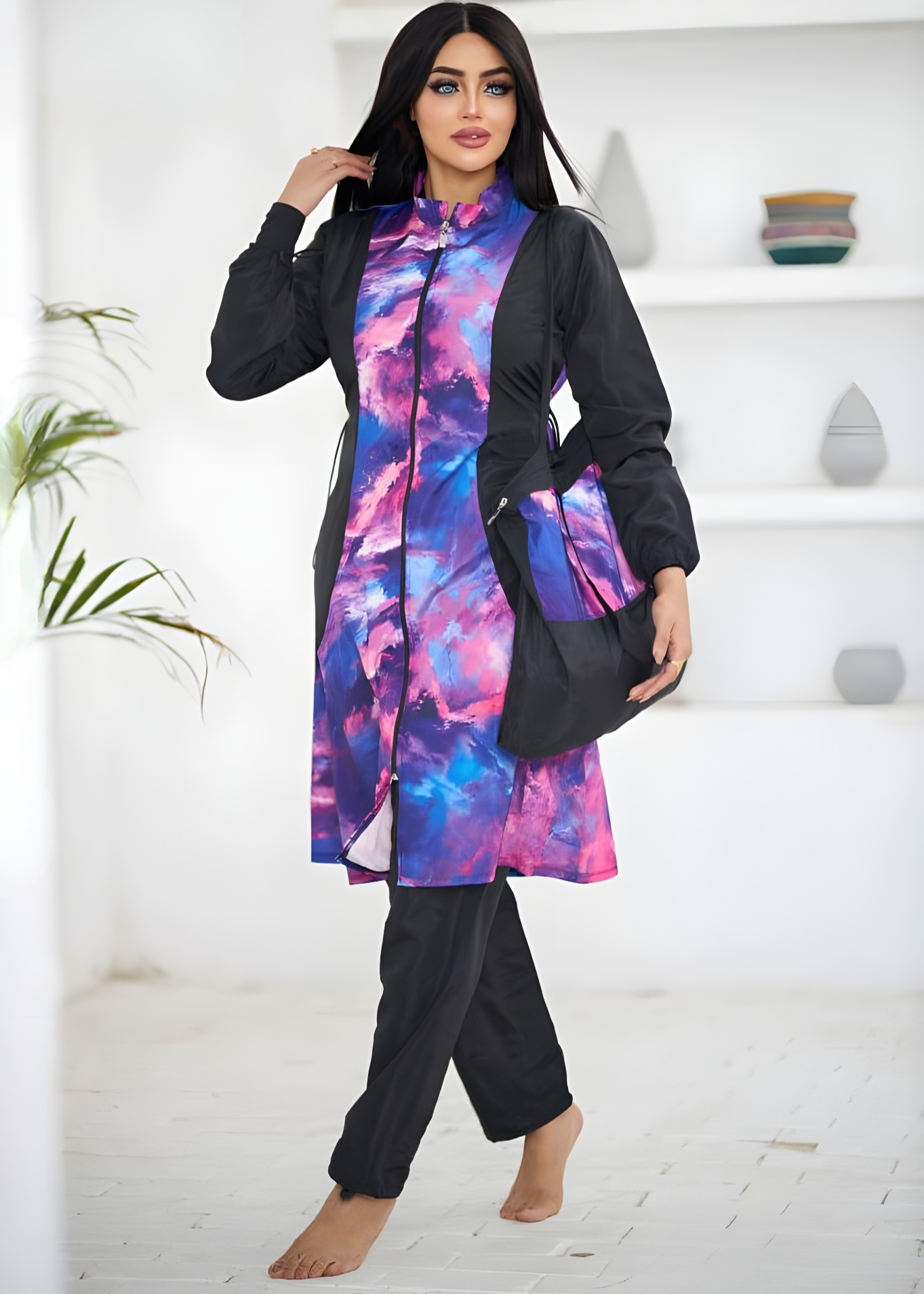 Plus Size Burkini Swimwear Set with Abstract Print & Matching Carry Bag