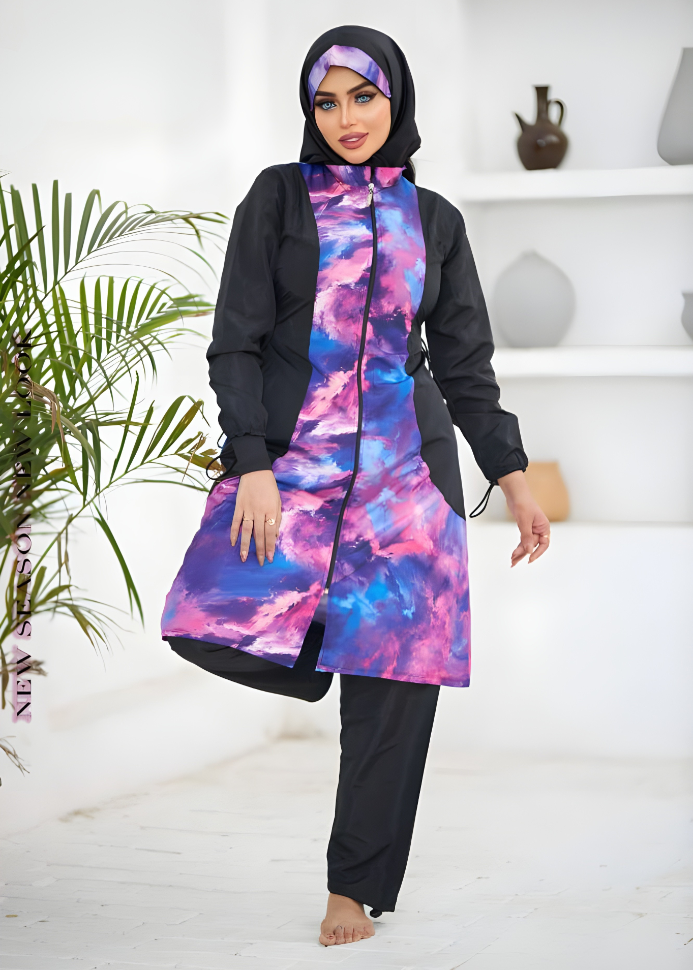 Plus Size Burkini Swimwear Set with Abstract Print & Matching Carry Bag