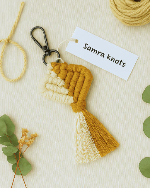 Mustard yellow macramé heart keychain with black clasp – Samra Knots