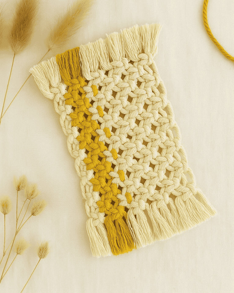 Boho-style macramé mug rug in off-white with a mustard stripe, featuring fringed edges and a Samra Knots tag, styled with dried grass on a neutral fabric backdrop.