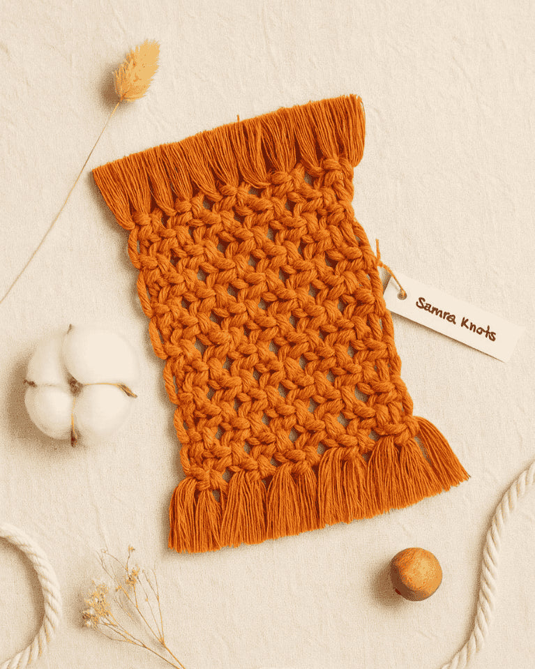 Flat lay of a handcrafted terracotta macramé mug rug by Samra Knots, styled with cotton, rope, and natural dried flowers on a beige linen background.