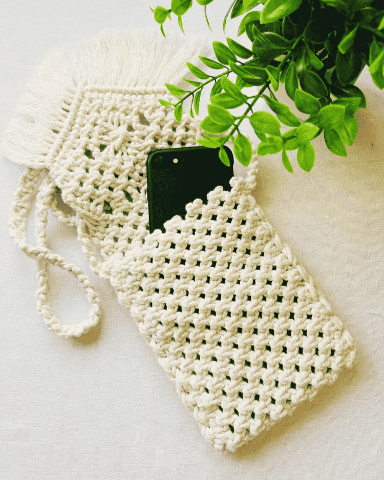 Macramé phone bag with phone inside – handmade off-white cotton pouch with boho fringe
