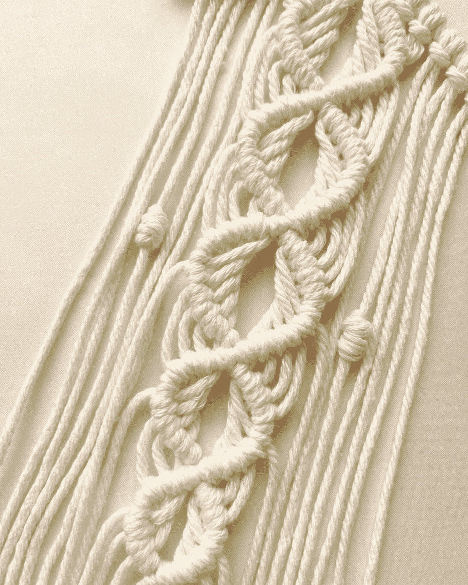 Close-up of handmade macramé star wall hanging with detailed knotting in off-white cotton cord – boho decor by Samra Knots