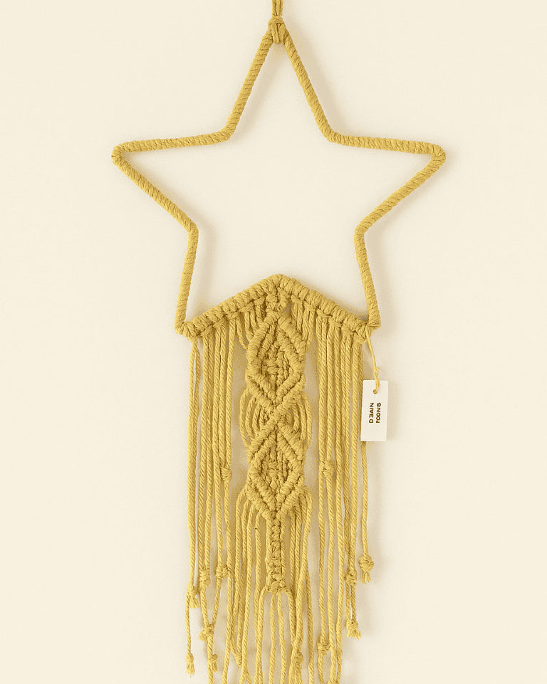 Handmade mustard yellow macramé star wall hanging with fringe and decorative knots – cozy boho decor by Samra Knots.