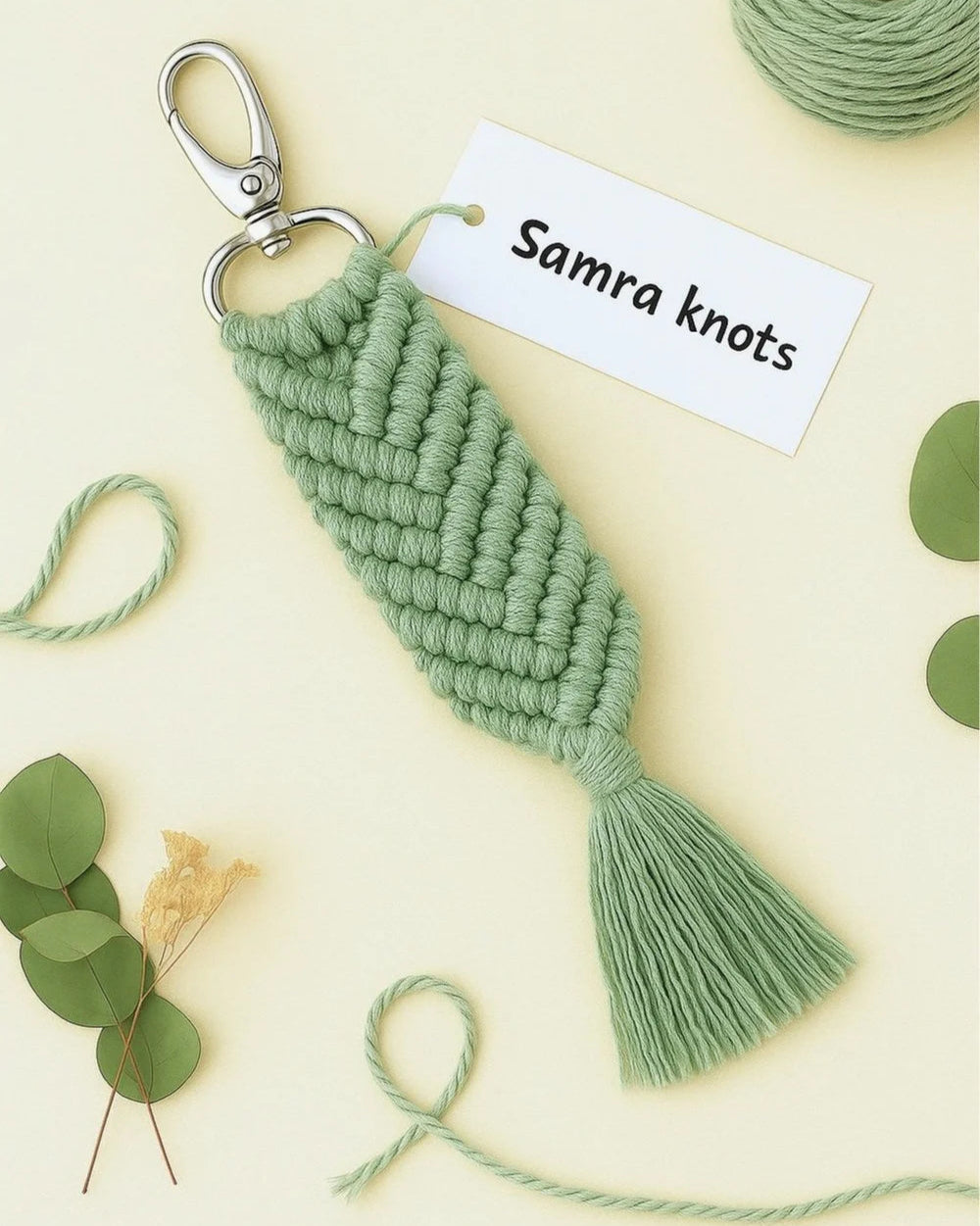 Sage green handmade macramé keychain by Samra Knots, styled on a warm boho background with yarn and eucalyptus leaves
