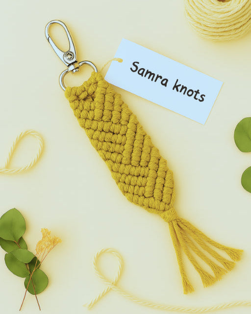 Handcrafted mustard yellow macramé keychain on beige background, styled with eucalyptus and yarn – Samra Knots.