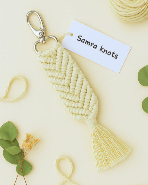 Natural off-white macramé keychain styled on a beige flatlay with dried florals and yarn – handcrafted by Samra Knots.