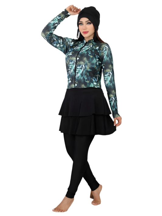 Full-Coverage Burkini with Layered Skirt