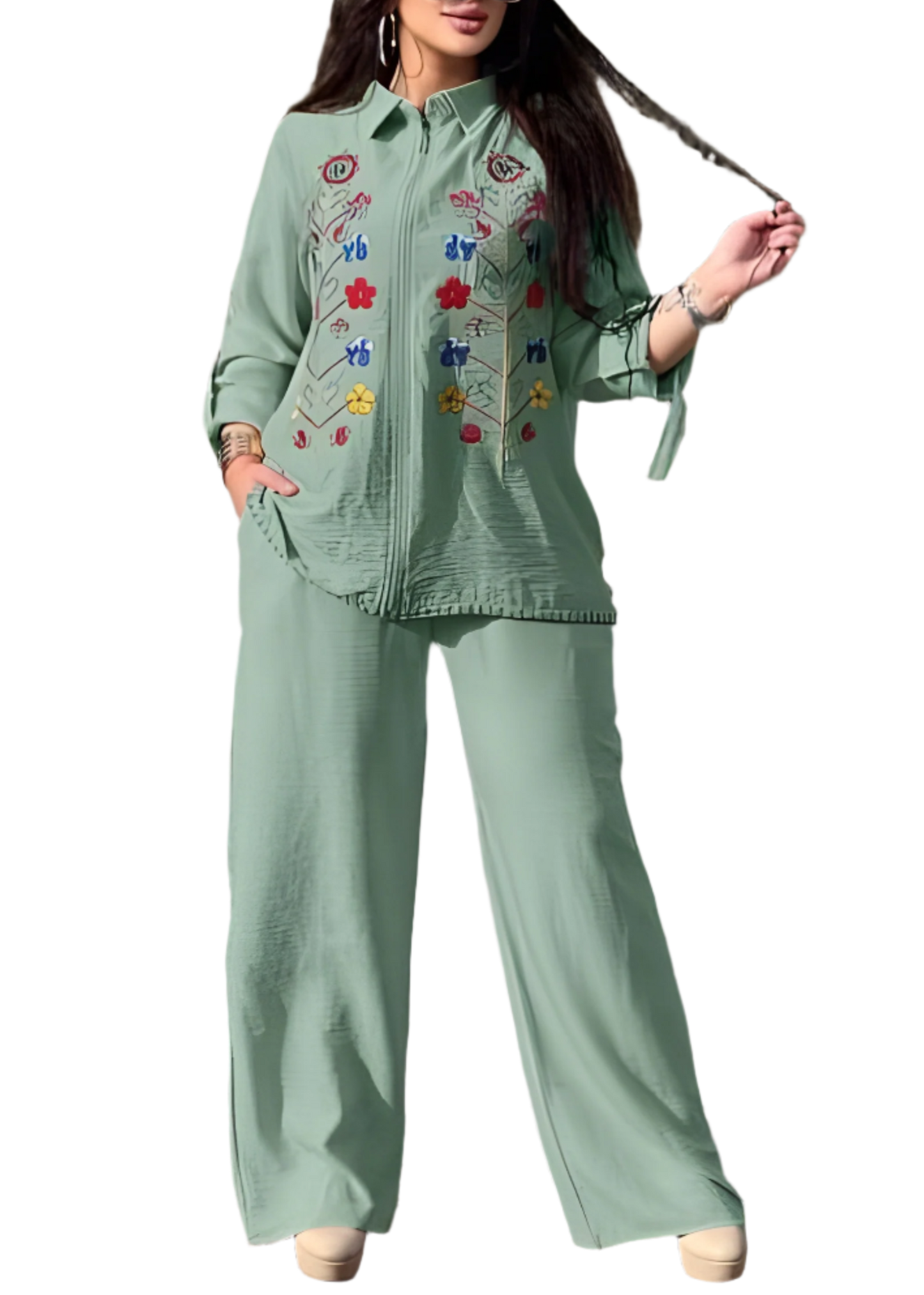 Three-Piece Set with Floral Embroidery