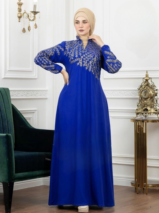 Royal Blue Embroidered Cotton Abaya