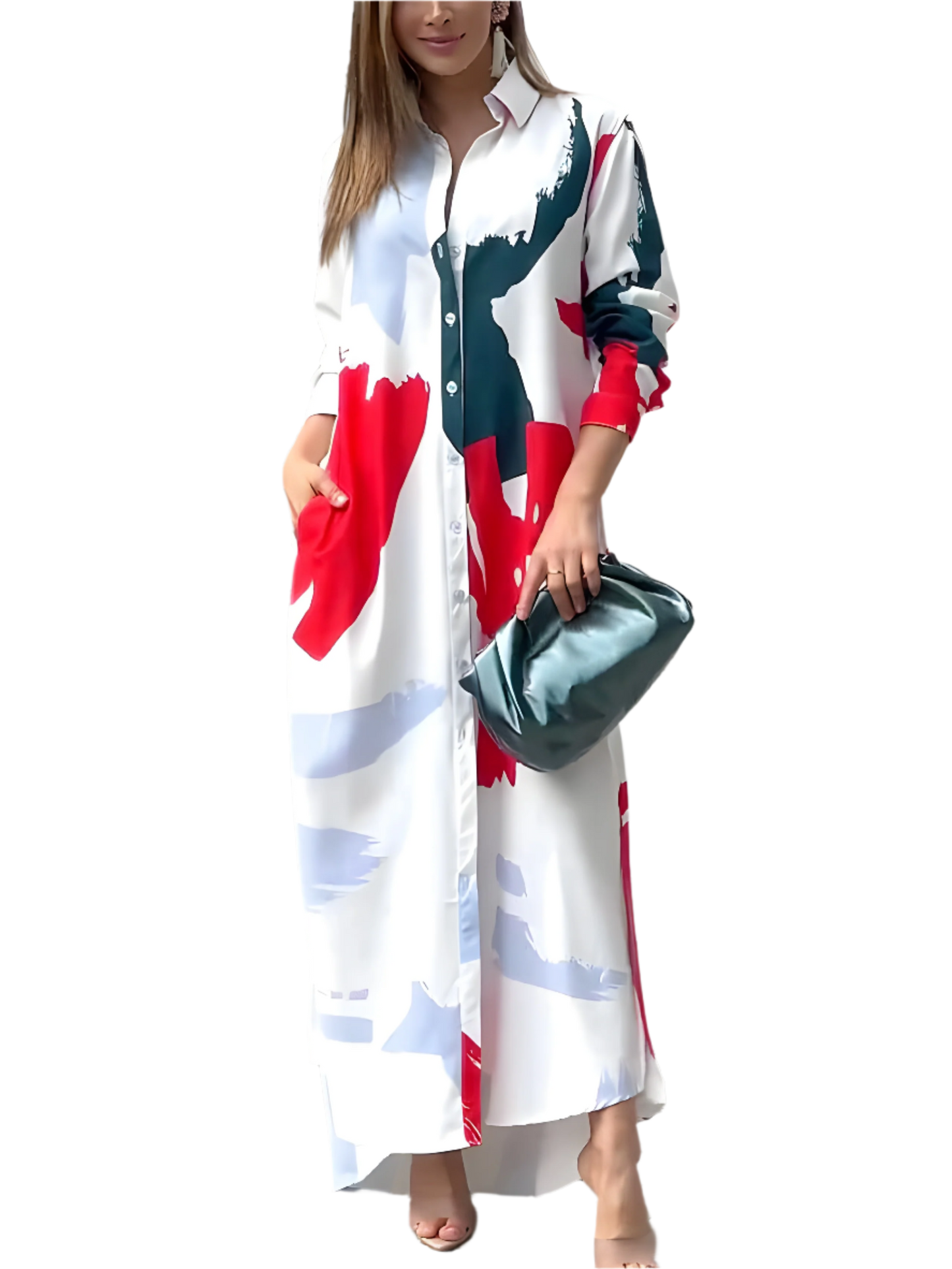 Abstract Print Long Shirt Dress with Button-Down Front