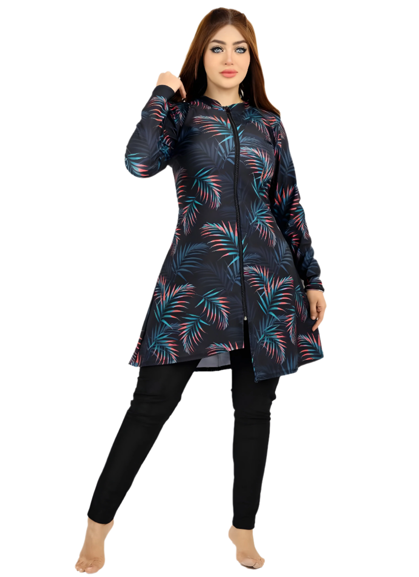 Palm Leaf Print Long Swim Tunic with Full-Length Leggings