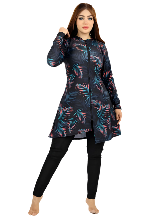 Palm Leaf Print Long Swim Tunic with Full-Length Leggings