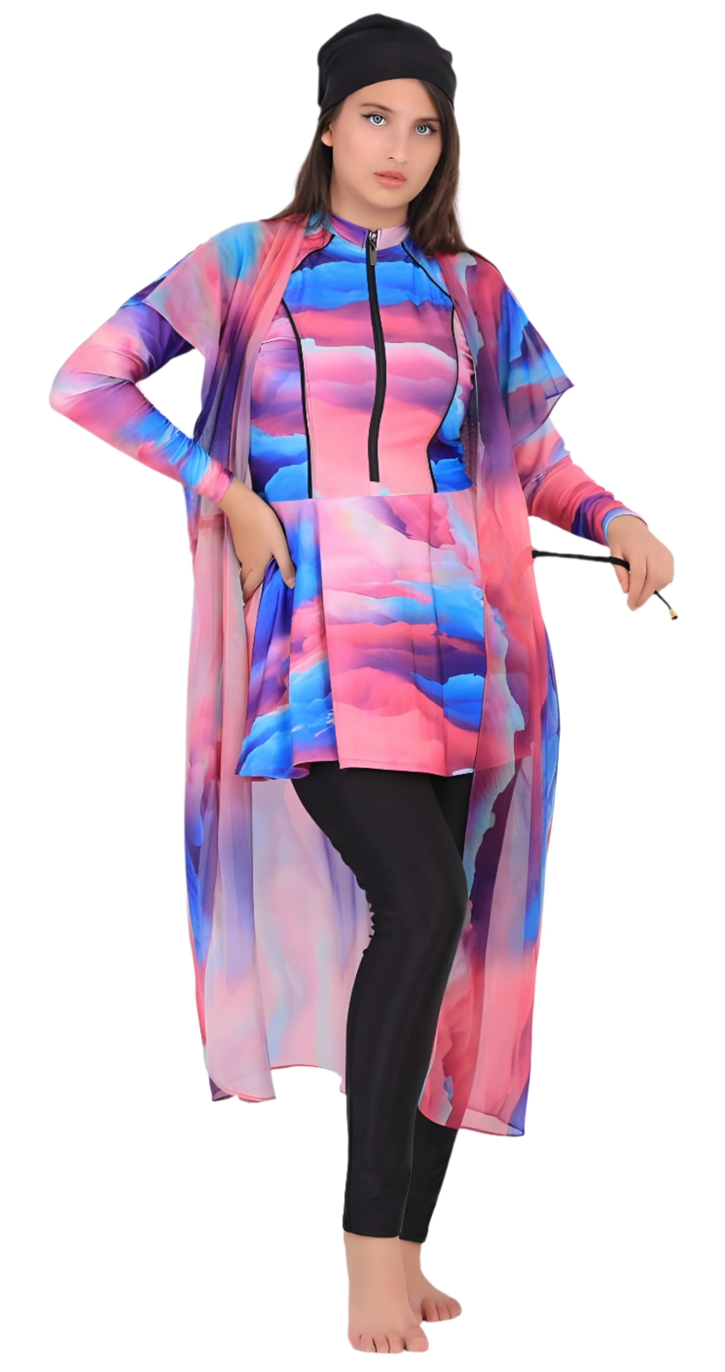 Colorful Long-Sleeve Modest Swimsuit Set with Flowing Cover-Up