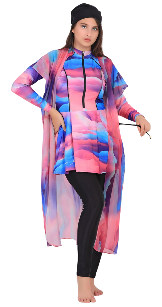 Colorful Long-Sleeve Modest Swimsuit Set with Flowing Cover-Up