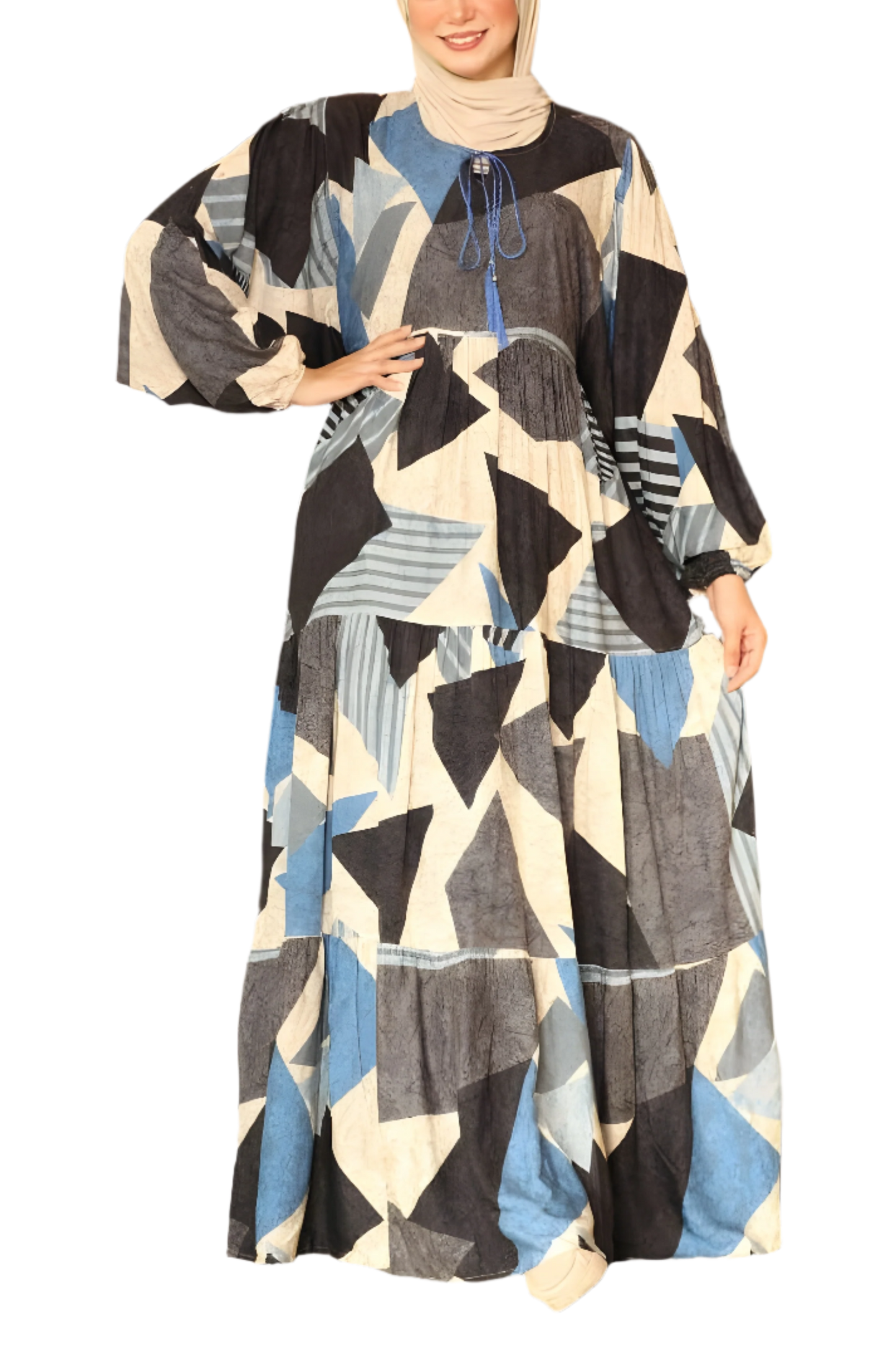 Geometric Patterned Maxi Dress with Drawstring Detailing