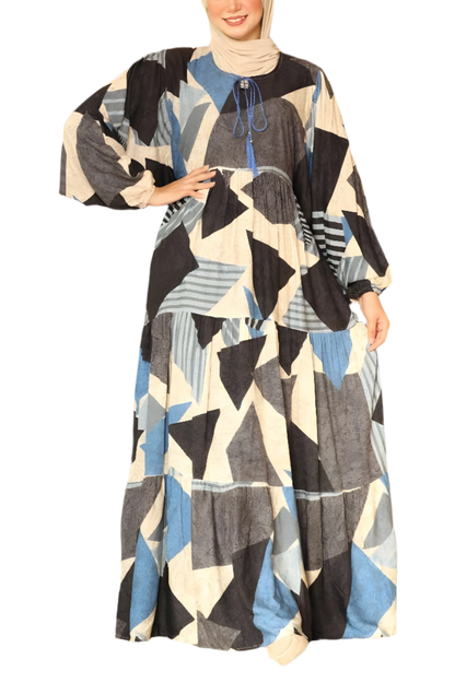 Geometric Patterned Maxi Dress with Drawstring Detailing