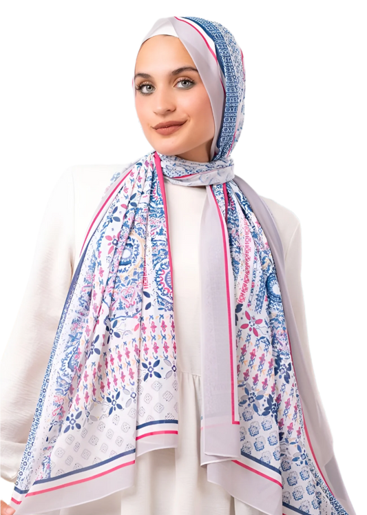 Geometric and Floral Print Crepe Chiffon Scarf