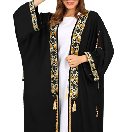 Black Kimono with Geometric Trim and Tassel Details