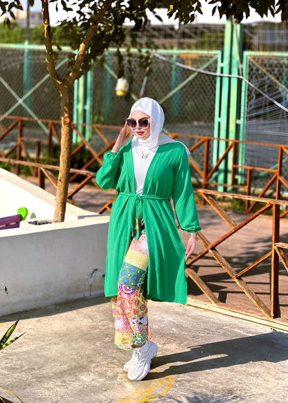 Green Open Cardigan with Printed Pants
