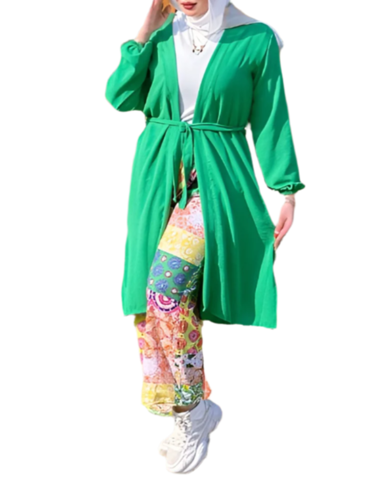 Plain cardigan and patterned pants set