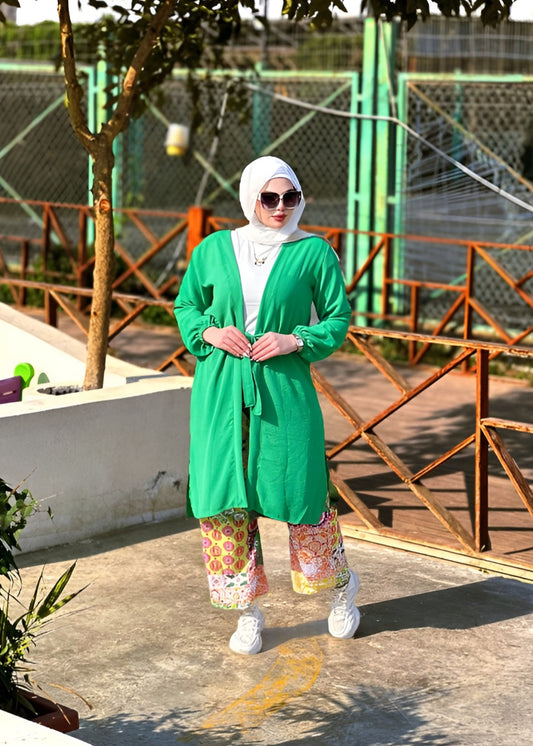 Green Open Cardigan with Colorful Printed Pants | Modest & Trendy Women’s Set