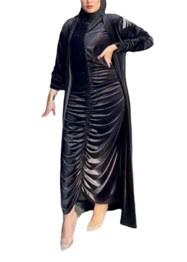 Elegant Black Velvet Abaya and Dress Set