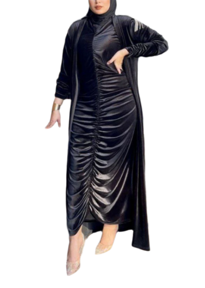 Elegant Black Velvet Abaya and Dress Set