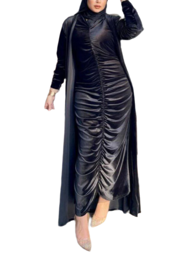 Elegant Black Velvet Abaya and Dress Set