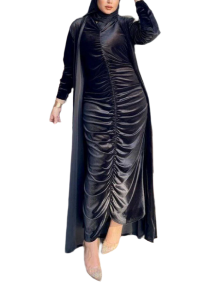 Elegant Black Velvet Abaya and Dress Set