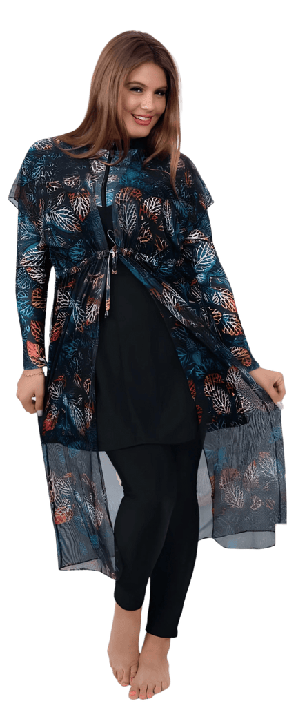 Plus Size Coral Reef Patterned Modest Swimwear Set with Cover-Up