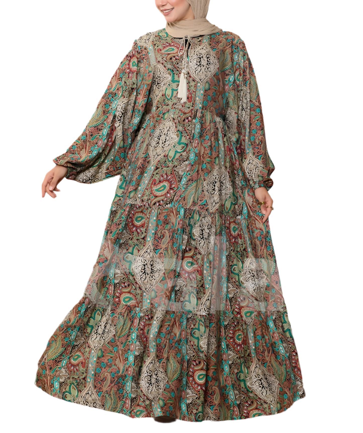 Bohemian Floral Print Maxi Dress with Balloon Sleeves