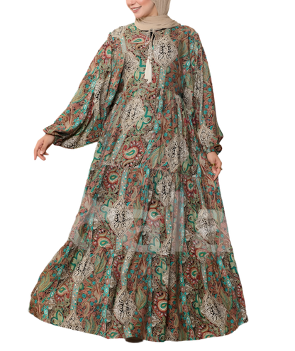 Bohemian Floral Print Maxi Dress with Balloon Sleeves