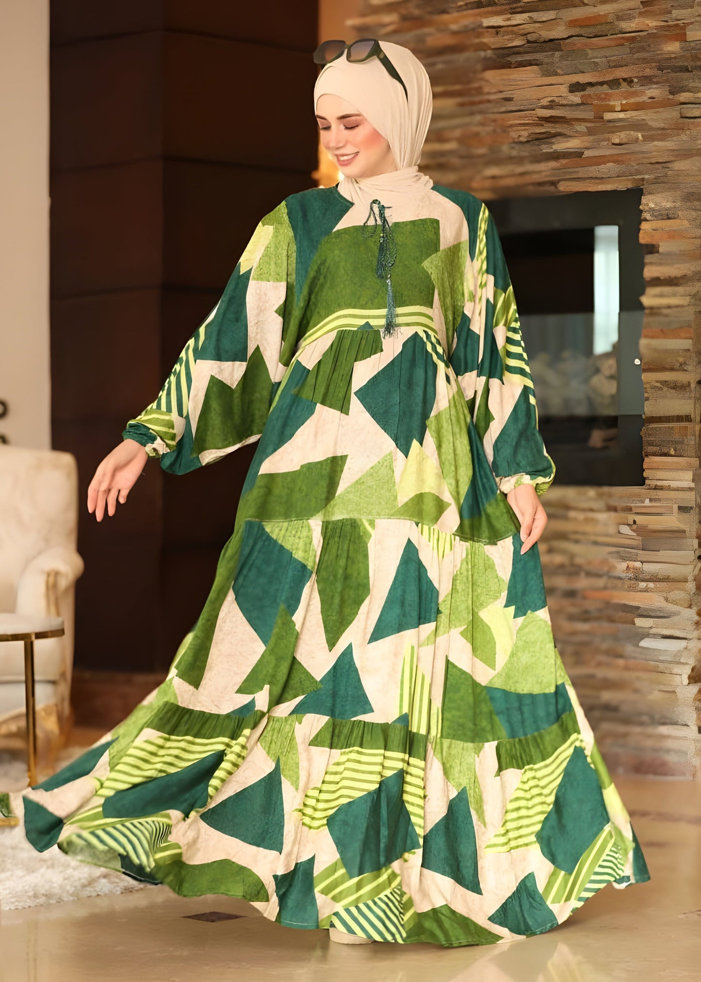 Geometric Patterned Maxi Dress with Drawstring