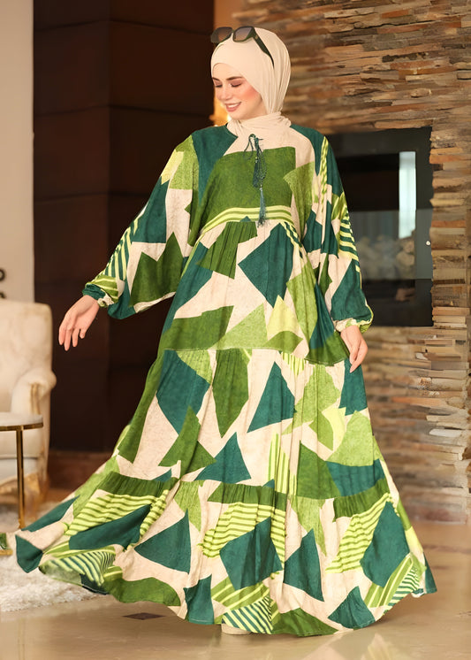 Geometric Patterned Maxi Dress with Drawstring