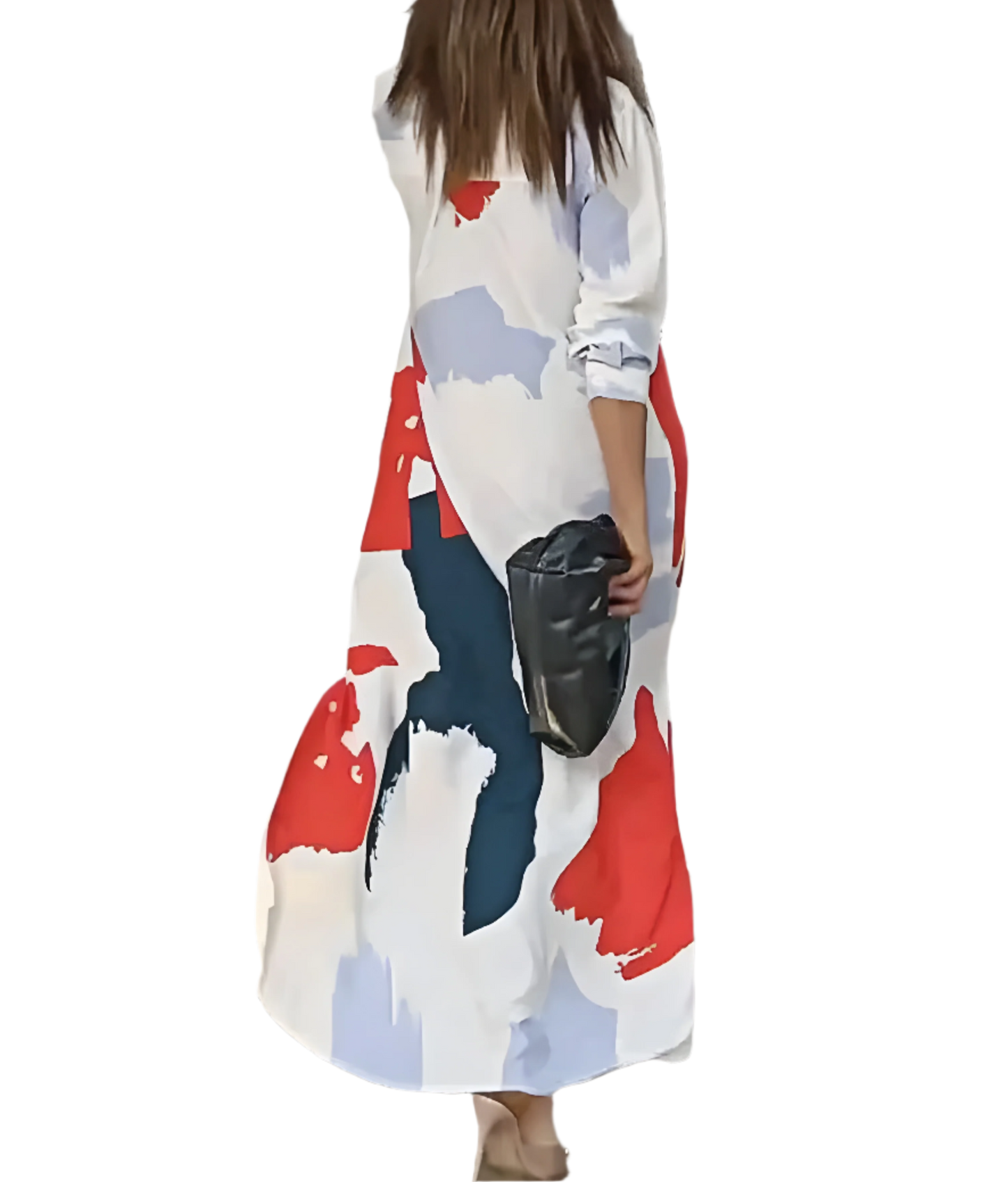 Abstract Print Long Shirt Dress with Button-Down Front