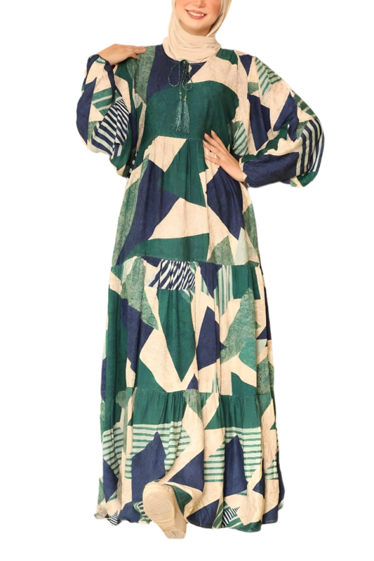 Geometric Patterned Maxi Dress with Drawstring Detailing