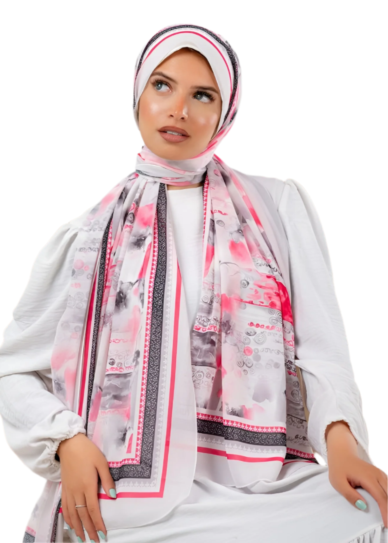 Pink and Grey Patterned Crepe Chiffon Hijab Scarf