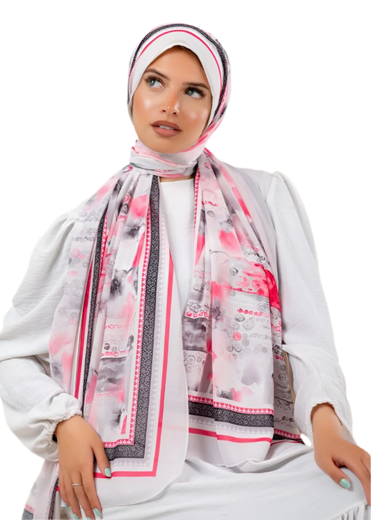 Pink and Grey Patterned Crepe Chiffon Hijab Scarf