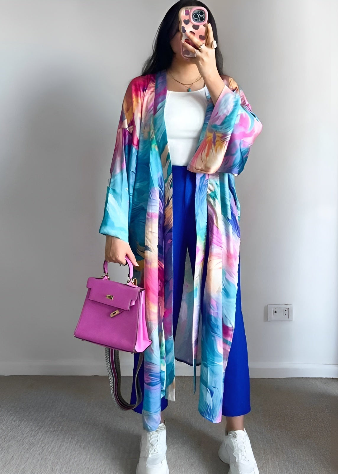 Bold Elegance Three-Piece Set – Vibrant Kimono, Trousers & Cotton Top