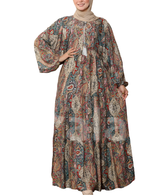 Bohemian Floral Print Maxi Dress with Balloon Sleeves