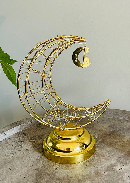 Ramadan LED Crescent Moon Table Lamp – Golden Metal Decoration Light