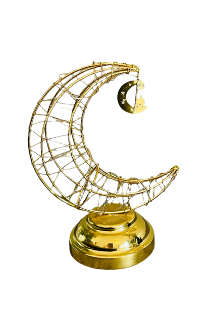 Ramadan LED Crescent Moon Table Lamp – Golden Metal Decoration Light