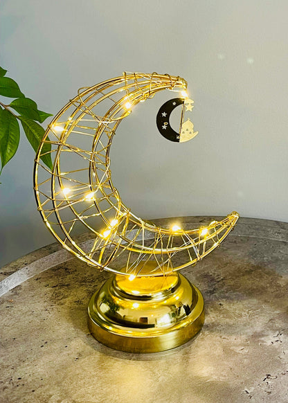 Ramadan LED Crescent Moon Table Lamp – Golden Metal Decoration Light